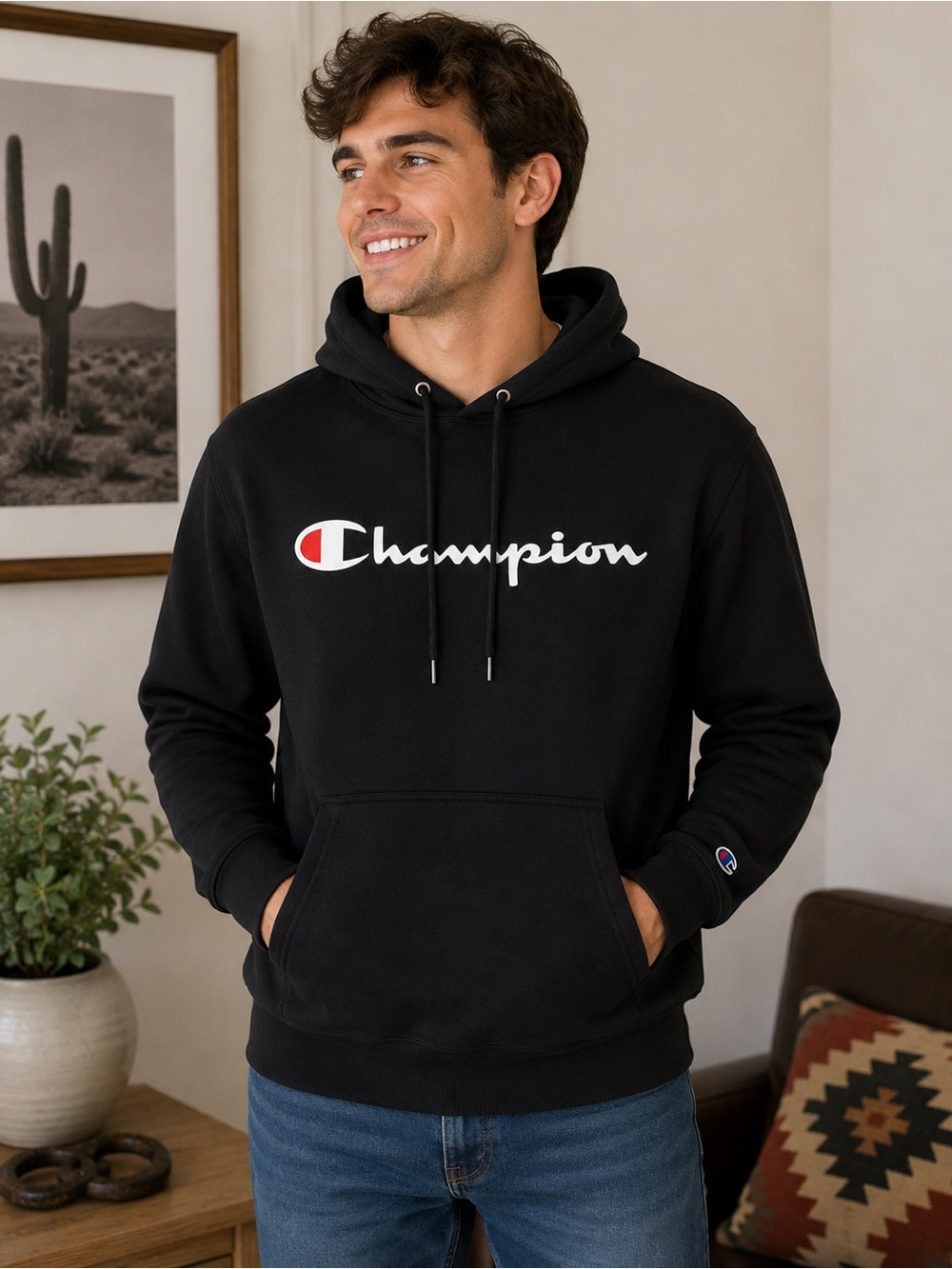Champion Black Logo Hoodie Sweatshirt Men’s Size Medium